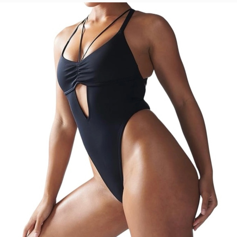 Savage X Fenty Womens Black Curve Alert Bodysuit Thong High Cut  Strappy Back 1X